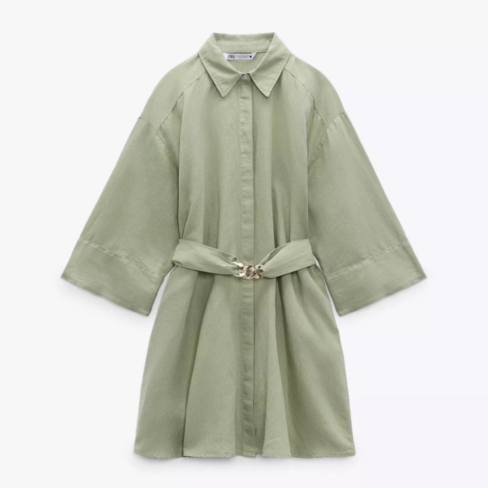 Zara Sage Green Belted Long Sleeve Shirt Dress